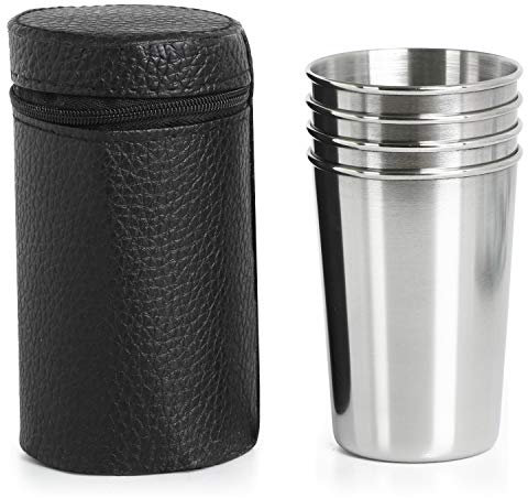 TRIXES Set da 4 bicchierini in acciaio inox compatti da viaggio dotati di custodia in finta pelle