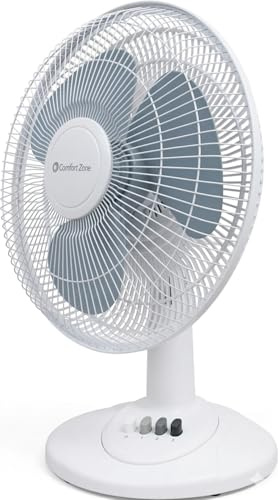 Comfort Zone 16 inch Table Fan with Adjustable Tilt, Wide Area Oscillation, Quiet Air Circulator Fan For Bedroom, 3 Speed Desktop Fan for Home Office, Push Button Controls, White