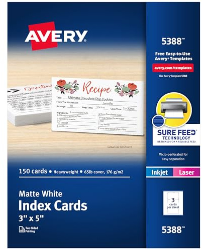 Avery Printable Index Cards with Sure Feed Technology, 3 x 5, White, 150 Blank Index Cards for Laser or Inkjet Printers (05388)