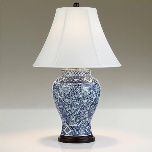 Barnes and Ivy Shonna Asian Chinese Ginger Jar Table Lamp 27 Tall Porcelain Blue White Bird and Branch Bell Shade Decor for Living Room Bedroom House Bedside Nightstand Home Office Entryway
