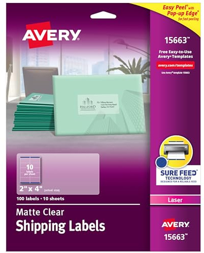 Avery Printable Shipping Labels with Sure Feed, 2 x 4, Matte Clear, 100 Blank Mailing Labels (15663)