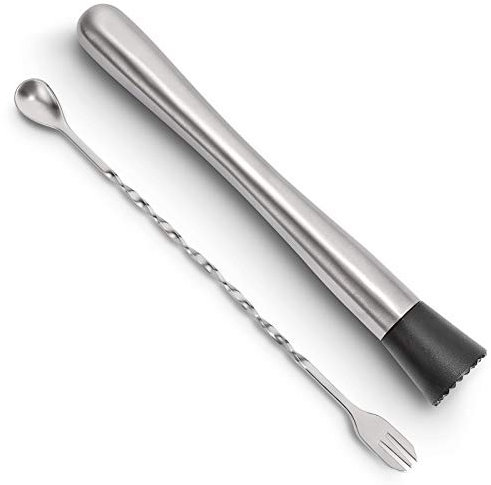 Hiware 10 Inch Stainless Steel Cocktail Muddler and Mixing Spoon Home Bar Tool Set - Create Delicious Mojitos and Other Fruit Based Drinks