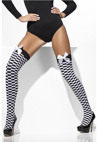 Smiffys Blickdichte halterlose Strümpfe, Karo-Druck mit Schleifen