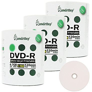 Smart Buy 300 Pack DVD-R 4.7gb 16x White Printable Inkjet Blank Media Record Disc, 300 Disc 300pk