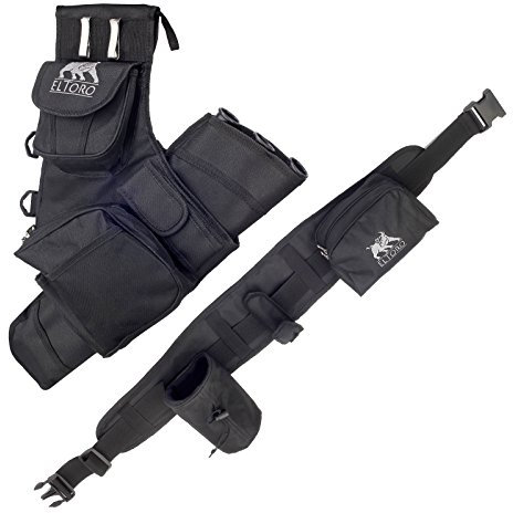 elToro komplettes Köchersystem schwarz – Seitenköcher mit 3 Röhren, gepolsterter Gürtel ca. 135 cm, Bogenhaken, Flaschenhalter und Zubehörtasche – Rechtshand Köcher für Bogensport und Training