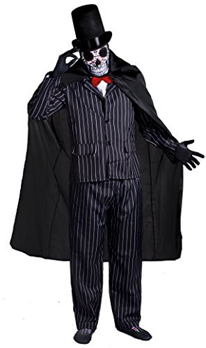 DAY OF THE DEAD COSTUME SUGAR SKULL SKELETON TUXEDO HALLOWEEN FANCY DRESS COSTUME FOR MEN - SUGAR SKULL MASK + PINSTRIPE SUIT WITH RED SATIN BOWTIE + TALL DELUXE BLACK FELT STOVEPIPE TOP HAT + THICK BLACK CAPE BY ILOVEFANCYDRESS® MEXICAN SPANISH SENOR DIA DE LOS MUERTOS (MEDIUM)