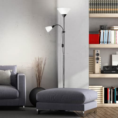 Lightbox Deckenfluter - 1,8m Höhe - schwarze Stehleuchte mit einstellbarem Lesearm - 1x E27 max. 60 W & 1 x E14 max. 25 W aus Aluminium/Kunststoff in Schwarz/Weiß