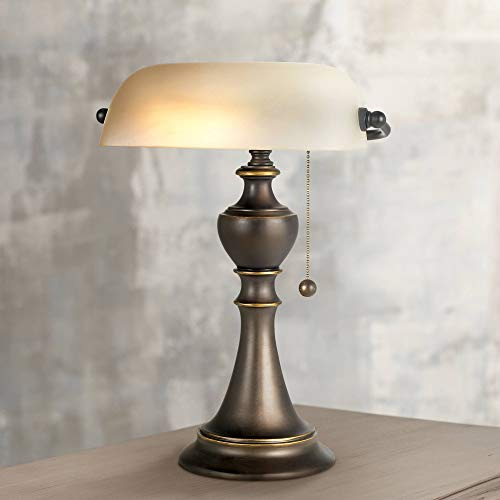 Regency Hill Haddington Traditional Piano Banker Table Lamp 16 High Antique Bronze Dark Brown Metal Alabaster Glass Shade Decor for Bedroom House Bedside Nightstand Home Office Reading