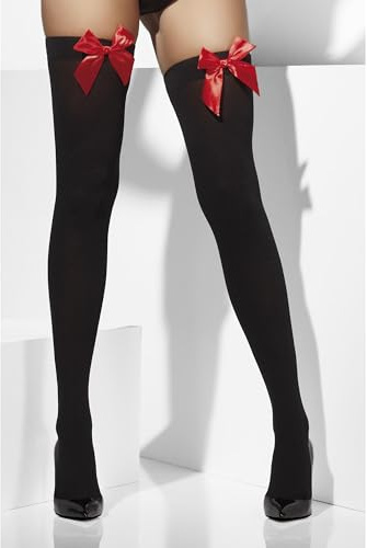 Smiffys Opaque Hold-Ups for Women, Black with Red Satin Bows, Elegant Fancy Dress Stockings for Halloween, Burlesque, Costume Parties &Themed Events, One Size Hold-Ups Accessory for Adult Costumes