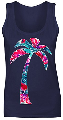 Palm Tree Tropical Summer Floral Holiday (Large Front Print) Womens Vest Tank Top Navy Blue UK 10 (M)