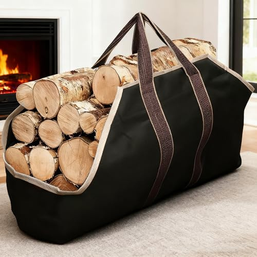 AMAGABELI GARDEN & HOME Large Canvas Log Tote Bag Firewood Carrier Heavy Duty Fireplace Log Holder Fire Wood Carriers Carrying with Handles Wood Sling For Fire Place Outdoor Cabin Stove Accessories