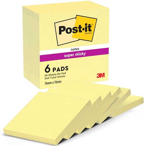Post-it Notes Autocollantes Super Sticky, Pack de 6 Blocs, 90 Feuilles par Bloc, 76 mm x 76 mm, Jaune Pastel - Feuillets Super Adhésifs pour Prise de Notes, Listes de Tâches et Rappels