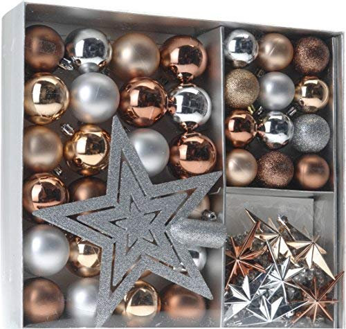 Spetebo Weihnachtsbaumschmuck Set - 45 teilig in Metalltönen (Kupfer, Silber, Gold etc.) - 36 Kugeln, Weihnachtsbumspitze, Dekosterne und Kette