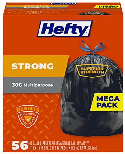 Hefty Strong 30 Gallon Trash Bags, Large Trash Bags 30 Gallon Size, Durable Drawstring Enclosure, Resists Punctures, Leaks, and Tears, Black, Unscented, 56 Bags