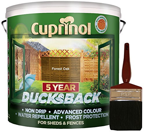 New 2018 Cuprinol Ducksback Shed & Fence Paint 9 Litre Forest Oak. Non Drip, Water Repellent and Frost Defence. Protection for 5 Years. Includes PSP 4” fence application woodcare brush.