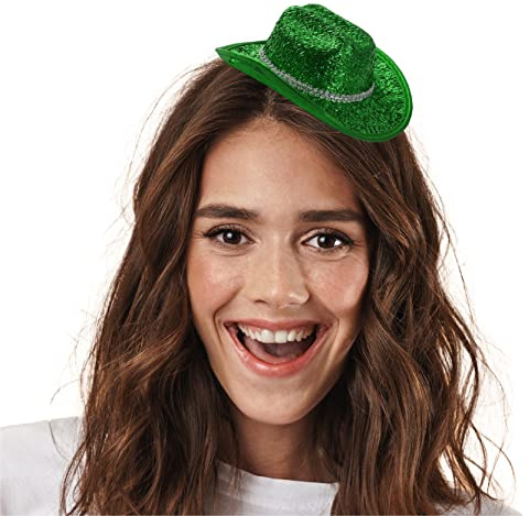 Grüner glitzernder Mini-Cowgirl-Hut im Fascinator-Stil, perfekt für St. Patrickís Day, Junggesellinnenabschiede, Festivals, Kostüme, Themenveranstaltungen und Kostüme, 6 Stück