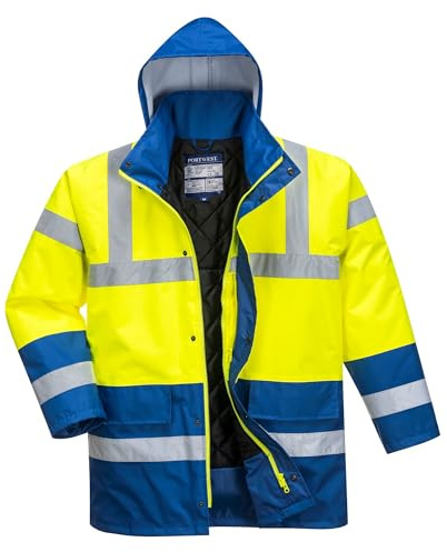 Portwest S466 Men's Waterproof Hi Vis Traffic Jacket - Reflective Safety Coat Yellow/Royal, Large