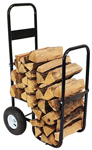 Sunnydaze Porta carro de leña para troncos – para exteriores o interiores – Soporte de madera de acero negro – Transportista de metal con ruedas rodantes – Equipo de mudanza de madera