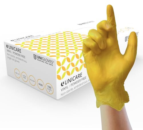 UNIGLOVES Unicare Vinyl Disposable Gloves - Gants d'examen polyvalents, sans poudre ni latex - Boîte de 100 gants, jaunes, taille XS (GS0102)