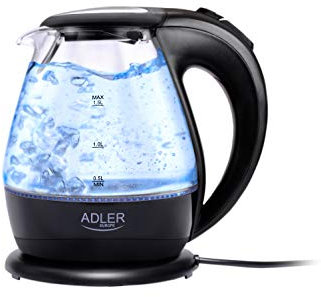 ADLER AD 1224 Hervidor de Agua Eléctrico de Cristal 1,5 Litros, Vidrio sin BPA, Retroiluminado, Apagado Automático, Inalámbrico 360º sin Cable, 2200W