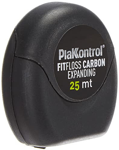 Plakkontrol® Fit Floss Carbon Expanding - Hilo dental blanqueador negro expandible con micropartículas de carbón activo vegetal, 1 unidad, 25 m, peso del paquete: 23 g