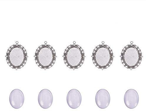 PandaHall 5 Sets 40x30mm Oval Klarglas Cabochon Covers, 61x48mm Antik Silber Tibetischen Stil Anhänger Cabochon Einstellungen für DIY
