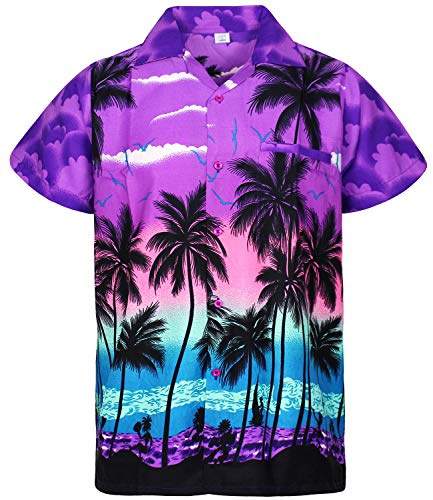 V.H.O. funky Hawaii-skjorta för män, kortärmad, framficka, Hawaii-tryck, strand, palmer, hav, lila, Strandviolett, XXL