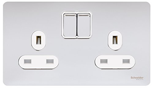 Schneider Electric Ultimate Screwless Flat Plate - Switched Double Power Socket, Double Pole, 13A, GU3420DWPC, Polished Chrome with White Insert