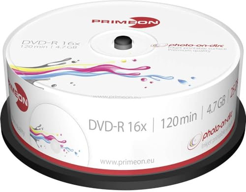 PRIMEON DVD-R 4.7GB/120Min/16x Cakebox, photo-on-disc, Inkjet Full Size Printable Surface (25 Disc)