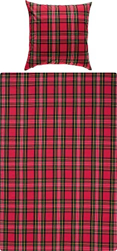 Erwin Müller warme Bettwäsche Flanell buntgewebt rot Größe 80x80 cm / 135x200 cm - hautsympathisch, atmungsaktiv, samtweich, 100% Baumwolle, mit Knopfverschluss