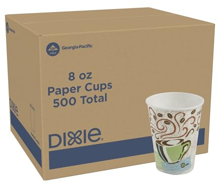 Dixie PerfecTouch 8 oz Paper Coffee Cups By GP PRO, Coffee Haze Design, 500 Count (25 Disposable Cups Per Sleeve, 20 Sleeves Per Case) 5338DX
