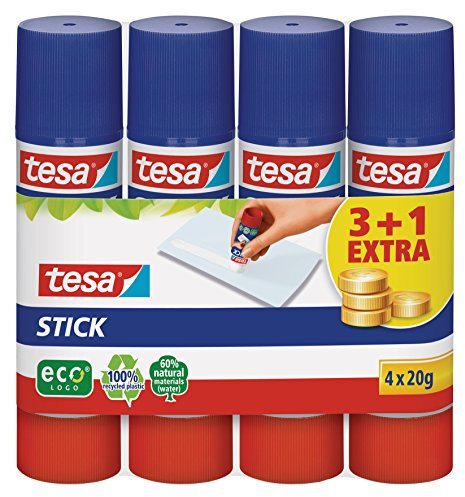 tesa Stick ecoLogo - Geruchsneutraler Klebestift für Papier und Pappe - Lösungsmittelfrei und Umweltschonend - 4 x 20 g