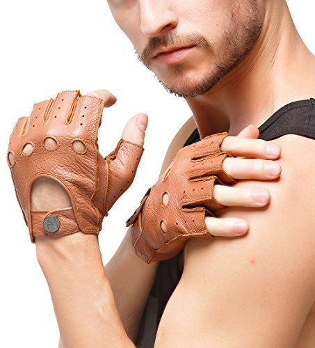 Nappaglo Herren Hirschleder Fingerlose Handschuhe Halbfinger Lederhandschuhe für Fahren Motorrad Radfahren Ungefüttert Handschuhe (L (Umfang der Handfläche:21.6-22.8cm), Sand)