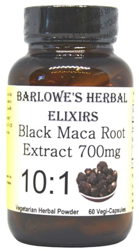 Barlowe's Herbal Elixirs Black Maca | Peruvian Maca Root Extract | 700 mg per Capsule | 60 Veggie Capsules (Vegan, Kosher, Halal) | | Glass Bottle | Third Party Tested