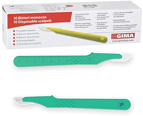 GIMA Bisturi in Acciaio Inox, Manico in ABS, Sterili e Monouso, Premium, Coprilama di Sicurezza, Misura n. 20, 10 Bisturi Singolarmente Confezionati