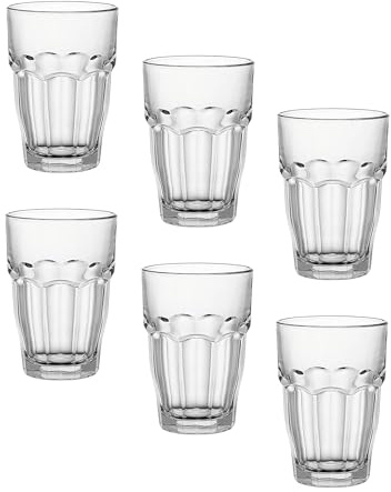 Bormioli Rocco Rock Bar Stackable Beverage, Set Of 6 Dishwasher Safe Drinking Glasses For Soda, Juice, Milk, Coke, Beer, Spirits – 12.5oz Durable Tempered Glass Water Tumblers For Daily Use