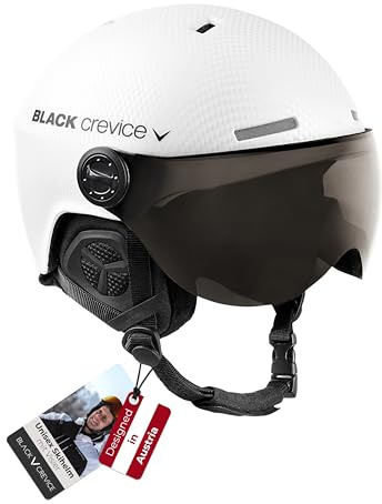 BLACK CREVICE Casco da sci Gstaad I Casco da sci con visiera stile pilota in diversi colori I Casco da sci per Uomo & Donna I Casco da sci in policarbonato I Casco traspirante I Regolabile (Small, Bianco Carbon)