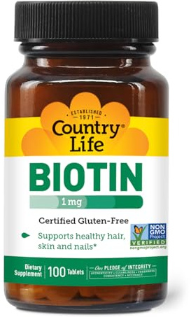 Country Life Biotin 1mg Supports Healthy Hair, Skin & Nails, 100 Tablets, Certified Gluten Free, Vegan, Halal, Non-GMO Verified