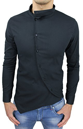 AK collezioni Camicia Uomo Cotone Slim Fit Casual Elegante con Colletto Coreana e Bottoni trasversali (M, Nero)