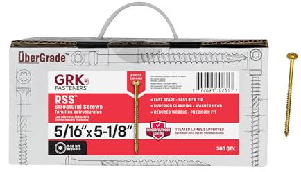 GRK Fasteners RSS™ 5/16 x 5-1/8 Inch, Structural Screws, 300 PCS, Rust Resistant Climatek™ Coating, Heavy-Duty Framing & Decking Screws, Fast Bite Tip, Star Drive Recess, Gold