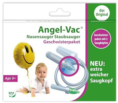 Angel-Vac® Nasensauger Geschwisterpaket [für Standard-Staubsauger] - Baby Nasenreiniger mit 2 weichen Saugköpfen für Kinder ab 0 Jahre - [klinisch getestet] - der Original Nasensauger seit 30 Jahren