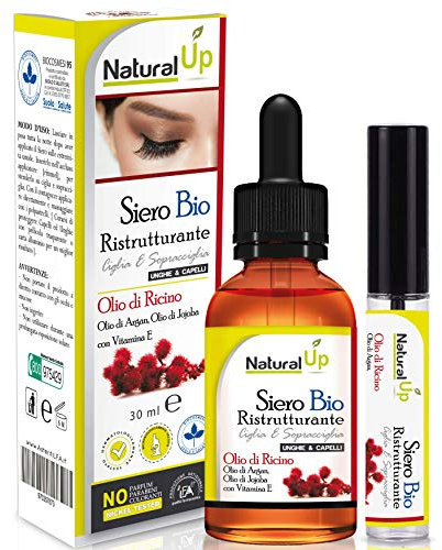 Siero Allungante Rinforzante 30ml, Olio di Ricino per Ciglia e Sopracciglia Arricchito con Olio di Argan, Olio Jojoba, Vitamina E, Biologico e Naturale, 100% Made in Italy