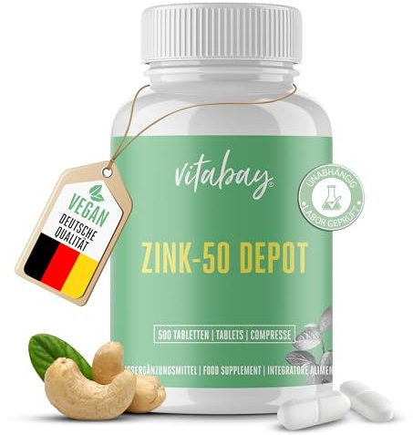 Vitabay Zink Hochdosiert 50mg - 500 Vegane Zink Tabletten Hochdosiert (alle 2 Tage eine Tablette) - Zinc Supplement als Zink-Gluconat - Zinktabletten aus höchster Qualität - Laborgeprüft