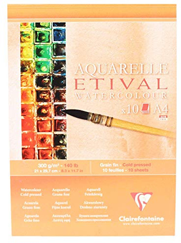 Clairefontaine 96305C Bloc Encollé Etival - 10 Feuilles Papier Aquarelle Blanc 100% Cellulose Grain Fin Qualité Étude A4 21x29,7 cm 300g