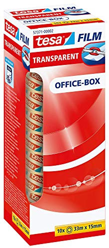 tesa film transparente, Cinta Autoadhesiva Resistente al Paso del Tiempo y al Rompimiento, Cinta de Oficina con Fuerte Adhesión, 33 m x 15 mm, 10 Piezas