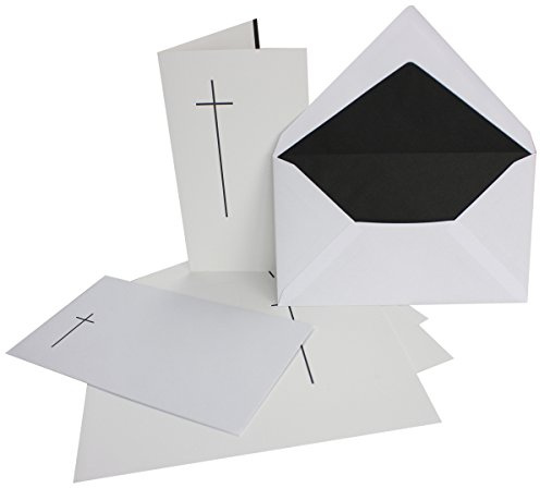 Neuser 50 x sorteringsset med kors ca B6 11,4 x 19,5 cm och sorgskuvert med enkelt kors och svart foder, vikkort, sorgsannonser