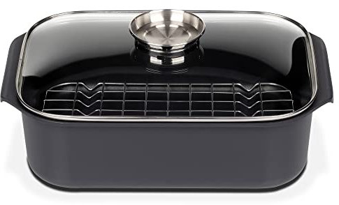 GSW Rechteckbräter Gourmet – hochwertiger Bräter mit Deckel und Grilleinsatz, ideal zum Schmoren, Dünsten und Braten, auch für den Backofen – Schwarz, Aluguss, 8 Liter