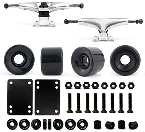 VJ Skateboard Truck and Wheel, 5.0 Skateboard Trucks (Silver) w/Skateboard Crusier Wheel 60mm, Skateboard Bearings, Skateboard Screws, Skateboard Riser Pads (Black)
