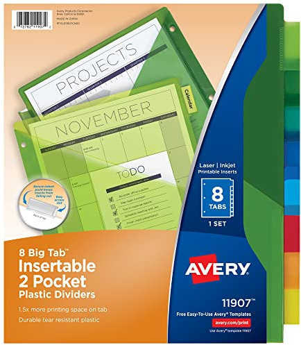 Avery Dividers for 3 Ring Binders, 8-Tab Sets, Two-Pocket Plastic Binder Dividers with Tabs, Multicolor, 1 Set (11907)