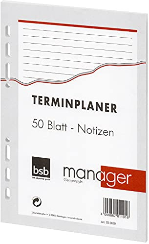 bsb Ersatzeinlage Notizen - 6-fach Lochung - Größe: circa A5 - für bsb Manager Terminplaner Organizer - 02-0050